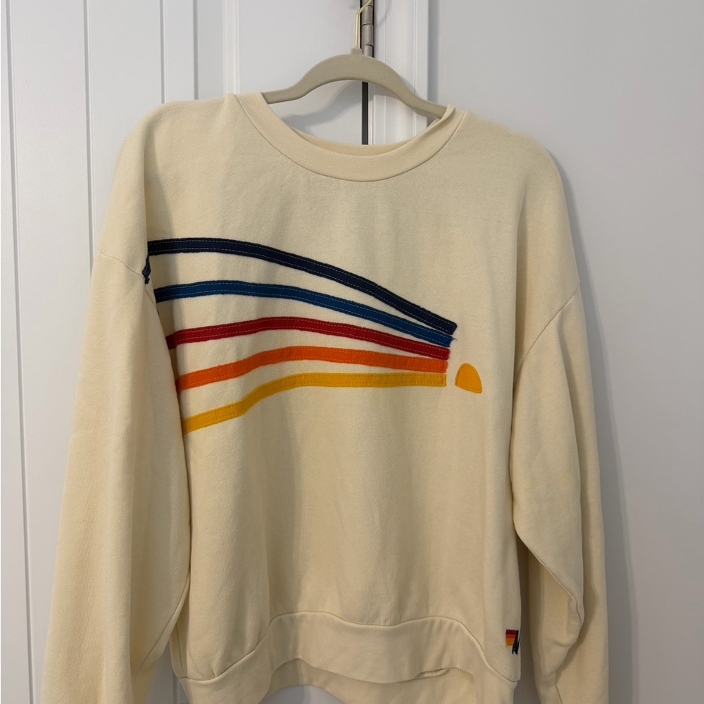 Aviator Nation Cream Sweater with Colorful Stripes